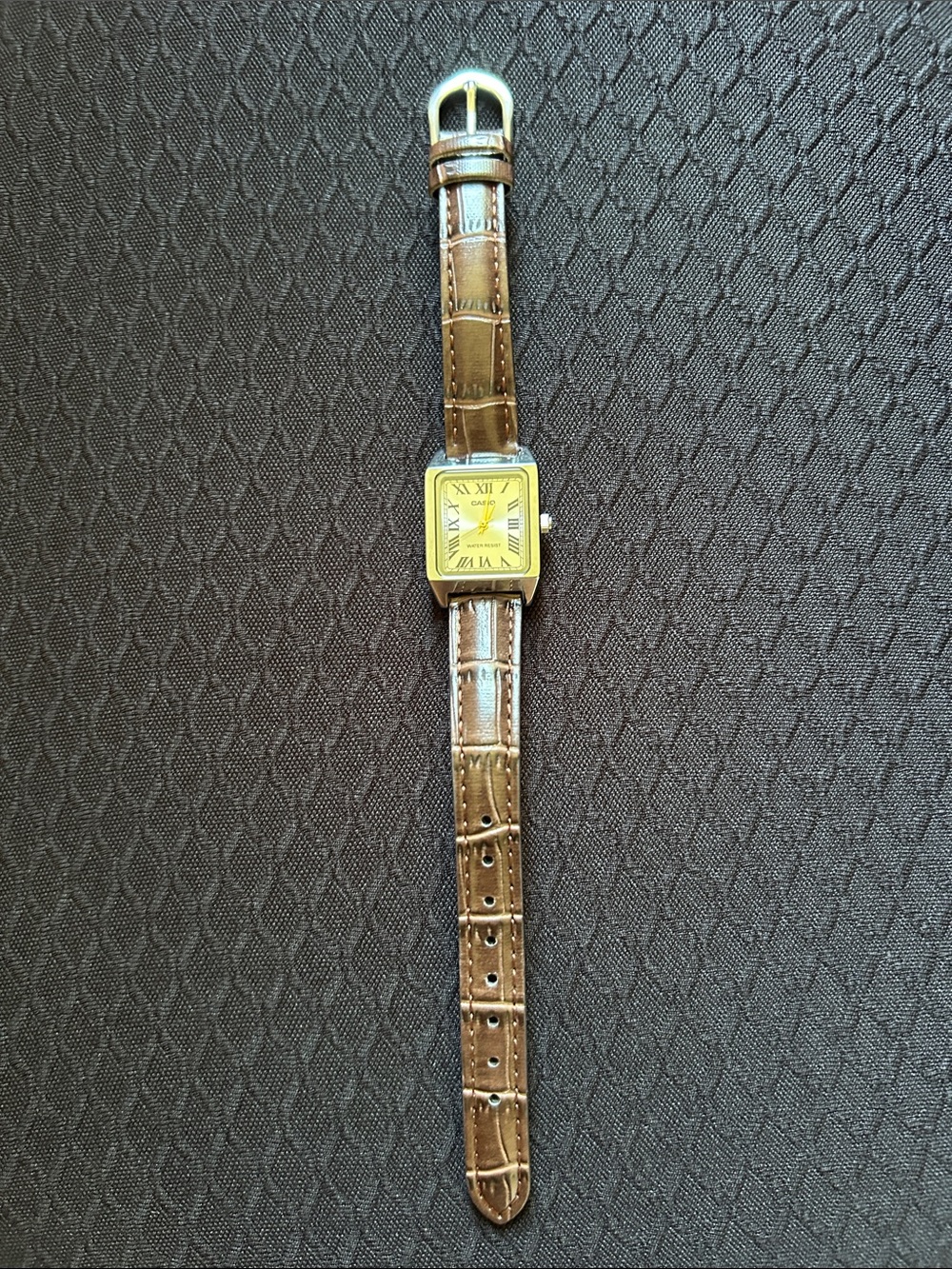 Casio Gold-Tone Square Watch with Brown Leather Strap
